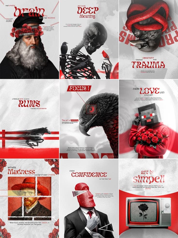Editorial art Instagram grid in red and grey