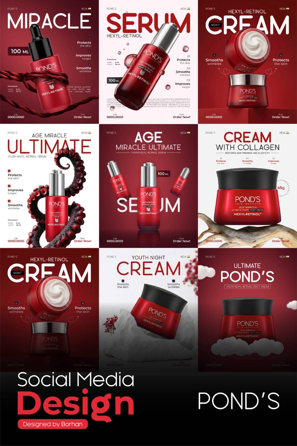 Beauty product Instagram grid in red