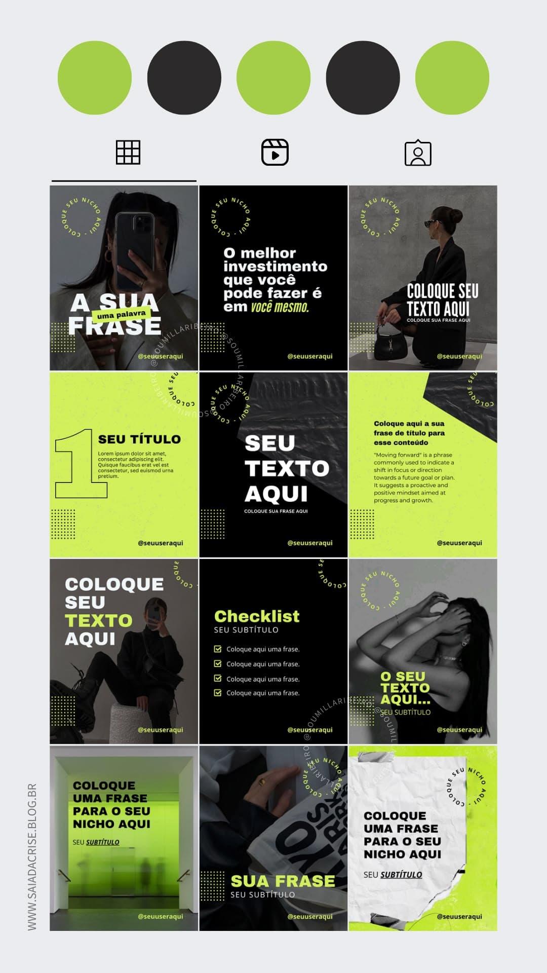 Fashion editorial Instagram grid in chartreuse and black